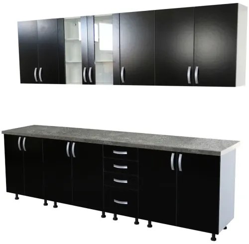 Bucatarie Zebra 260 cm din PAL Negru cu blat termoizolant gri