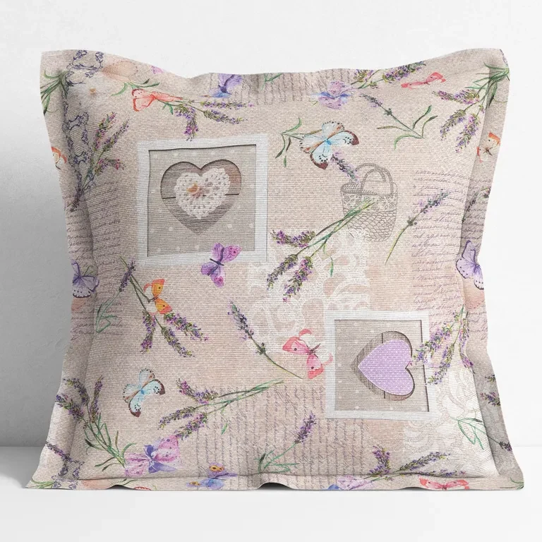 Goldea față de pernă cu tiv decorativ loneta - inimioare cu fluturi și lavandă pe bej 30 x 50 cm