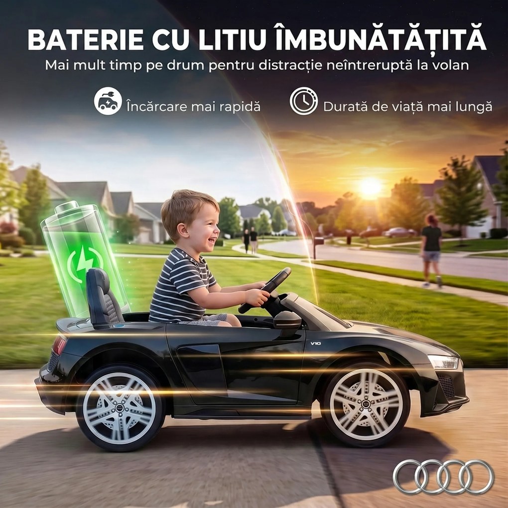 AIYAPLAY Mașinuță Electrică pentru Copii 12V Audi R8 Spyder, 3+ Ani, 3-5 km/h, cu 2 Motoare și Telecomandă, Negru | Aosom Romania