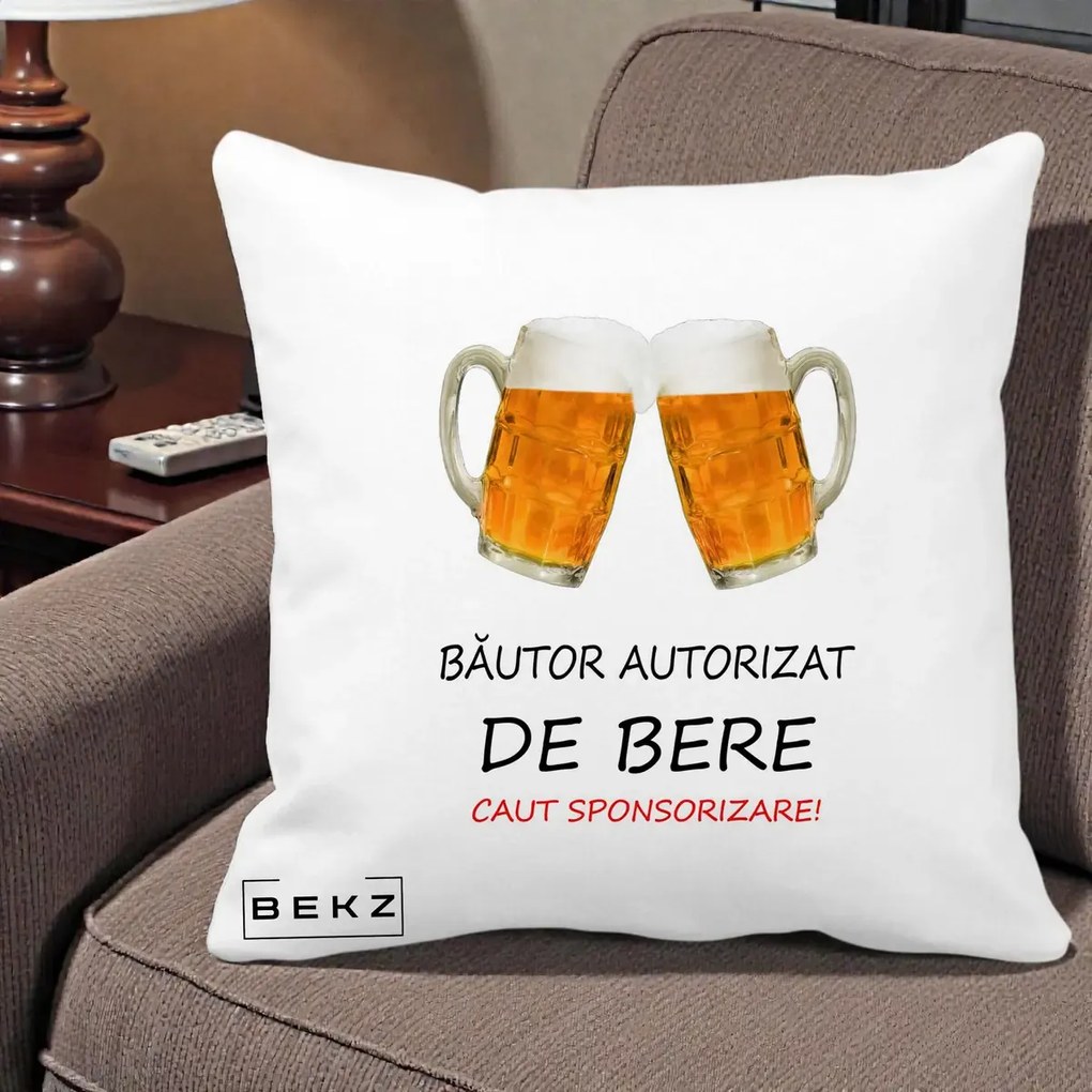 Perna Decorativa Bautor Autorizat de Bere, 40x40 cm, Alba Mata, Husa Detasabila, Perna Inclusa, BEKZ®