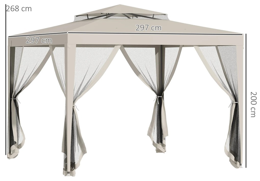 Outsunny Foisor de Gradina cu Plasa de Tantari, Foisor 3x3 m cu Acoperis Dublu si Cadru din Metal, Bej