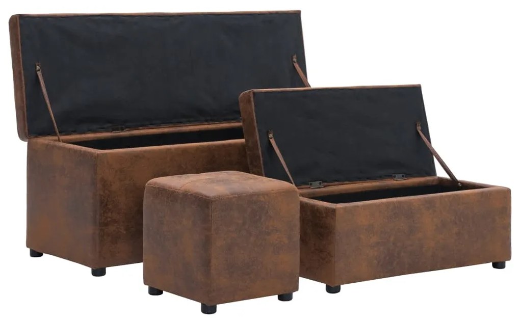281329 vidaXL Bănci cu taburete, 3 buc., maro, piele întoarsă ecologică