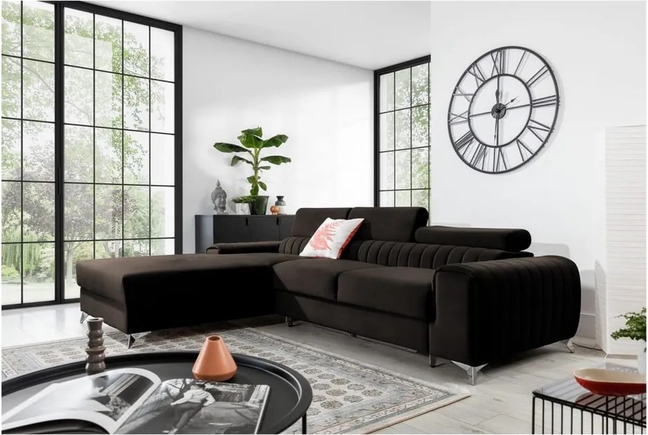 Colțar maro închis extensibil/cu spațiu de depozitare cu tapițerie din catifea (cu colț pe partea stângă/cu șezlong) Grayson – ELTAP