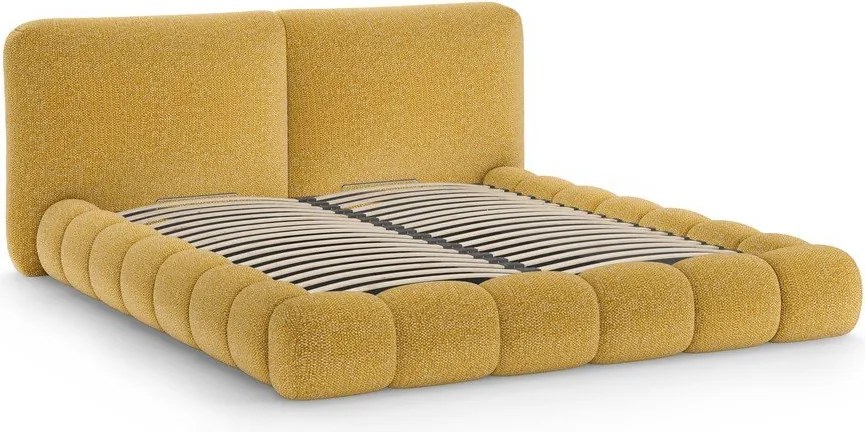 Pat matrimonial galben muștar tapițat cu spațiu de depozitare cu somieră 160x200 cm Solange – Micadoni