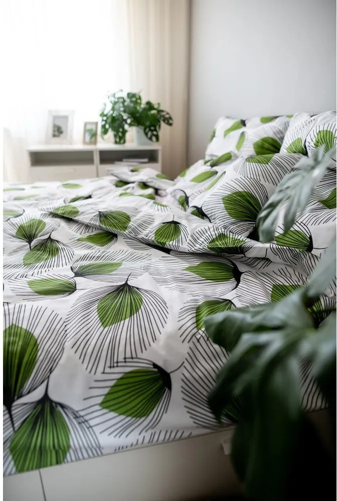 Lenjerie de pat din bumbac Cotton House Green Leaf, 140 x 200 cm, alb-verde