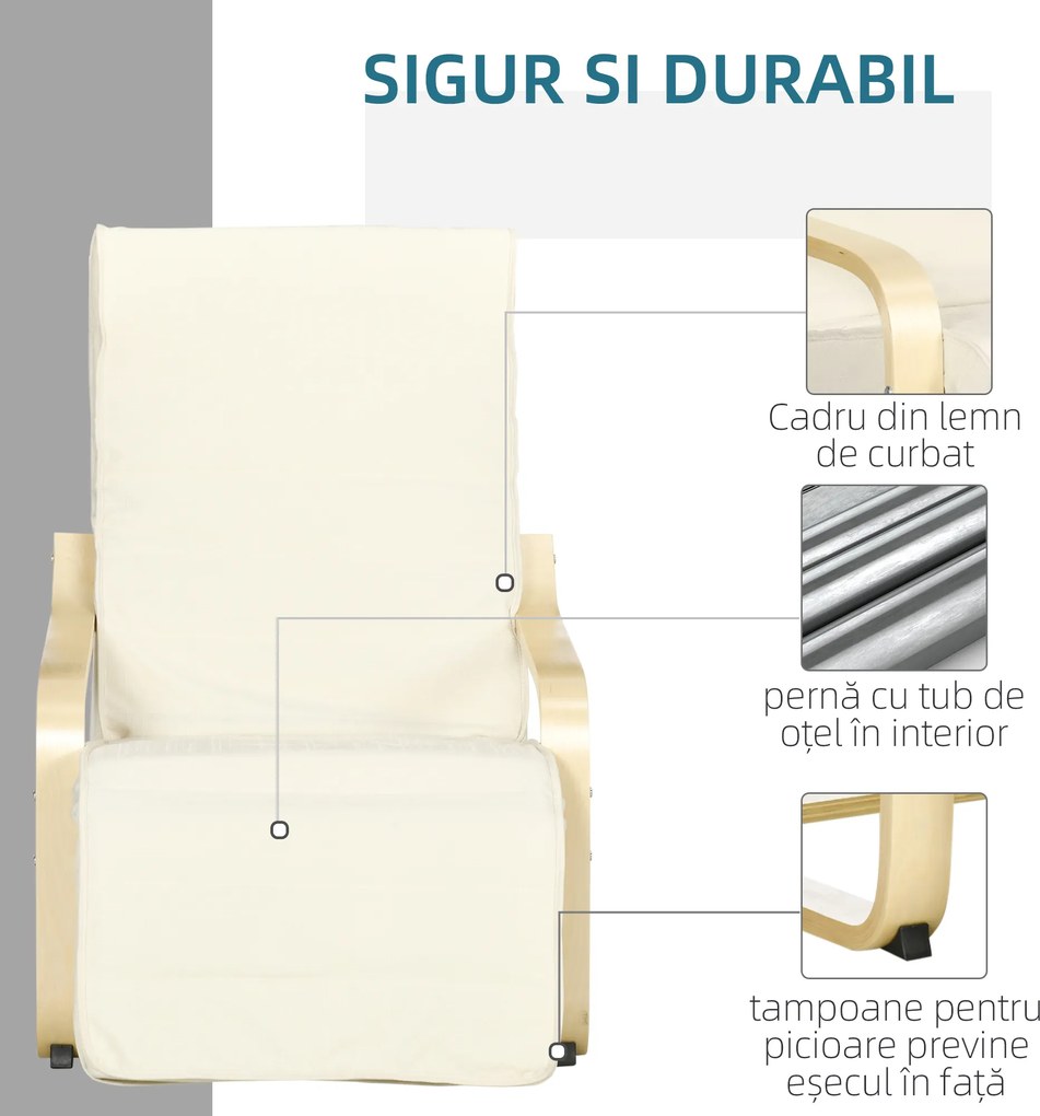 HOMCOM Fotoliu Relax cu Suport pentru Picioare Reglabil în 5 Nivele și Tetieră, 66,5x94x100 cm, Crem | Aosom Romania