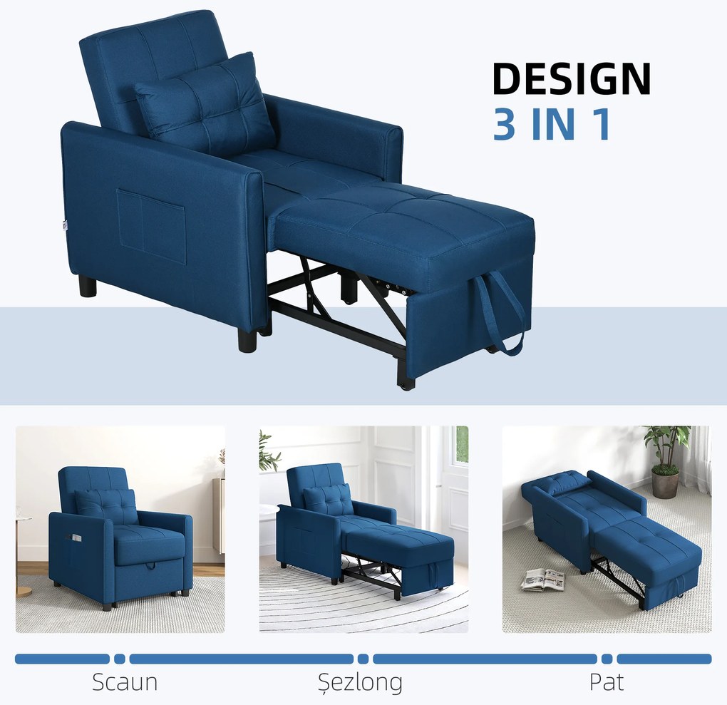 HOMCOM Fotoliu Pat Individual cu Spătar Reglabil pe 3 Nivele, 2 Roți și Pernă din Țesătură, 69x82x85 cm, Albastru | Aosom Romania