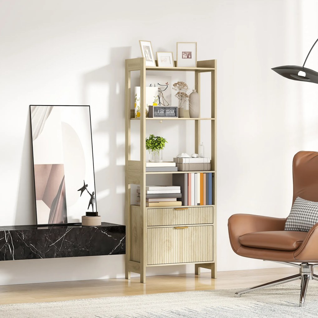 HOMCOM Bibliotecă înaltă, corp de depozitare cu 4 rafturi deschise și 2 sertare canelate, 60 x 30 x 160 cm, lemn natural | Aosom Romania