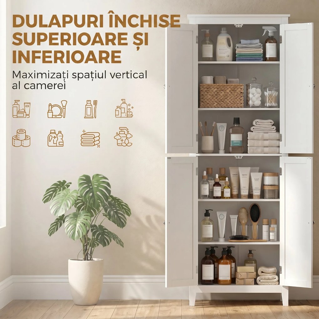 HOMCOM Dulap De Baie Slim Cu 2 Uși, Rafturi Reglabile, MDF, Metal, 60x30x170 cm, Alb | Aosom Romania