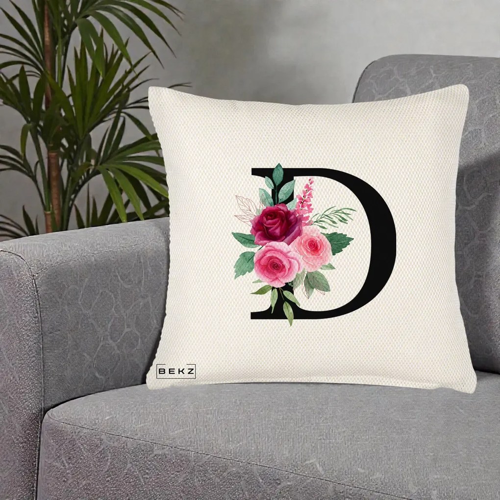Cadou Personalizat - Perna Personalizata Monograma Florala Litera D, 40x40 cm, Crem Reliefat, Husa Detasabila, Perna Inclusa, BEKZ®