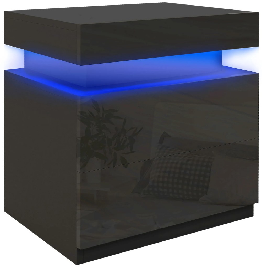 HOMCOM Masă de noapte neagră cu lumină LED, Front lucios cu 2 sertare, pentru Sufragerie, Dormitor | Aosom Romania