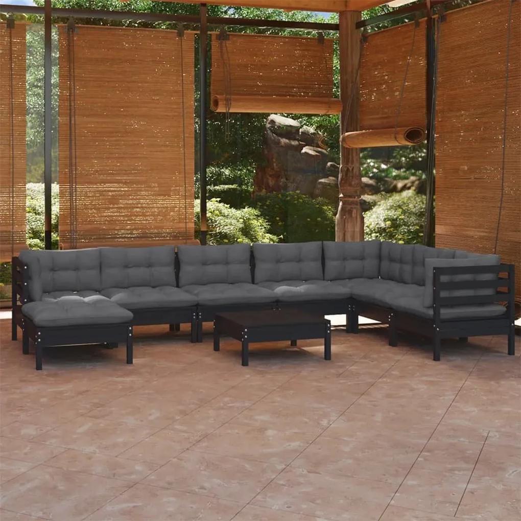 Set mobilier gradina cu perne, 9 piese, negru, lemn masiv pin