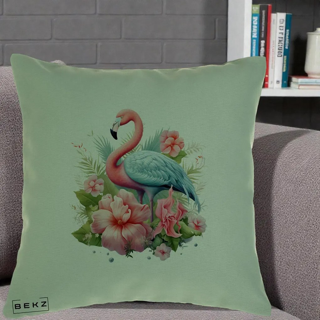 Perna Decorativa Flamingo cu Hibiscus Tropical, 40x40 cm, Verde, Husa Detasabila, Perna Inclusa, BEKZ®