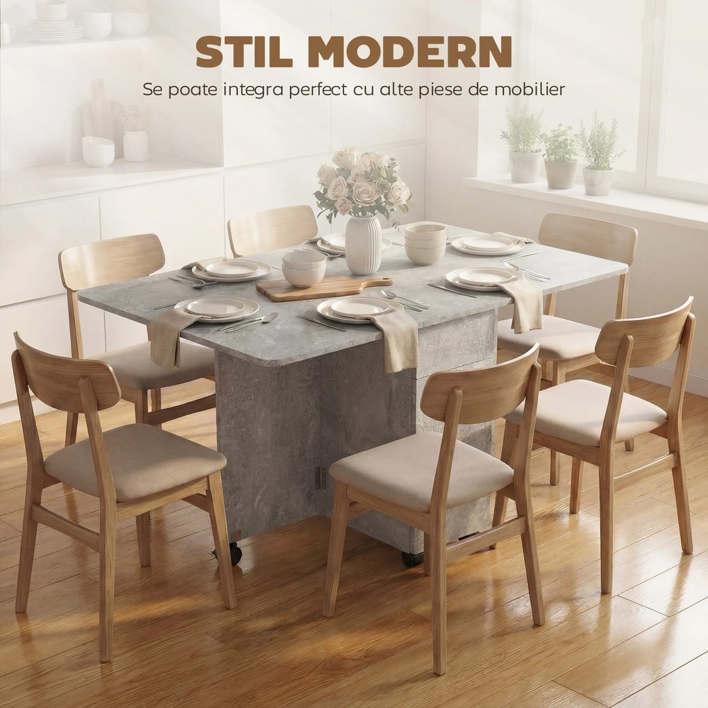 HOMCOM Masă de Luat Masa Pliabilă, Masă de Bucătărie cu Blaturi Rabatabile și Roți cu Frâne pentru 6 Persoane, Birou Compact cu 2 Sertare, 2 Uși și Dulap, pentru Living, 140x76x74î cm, Gri Ciment | Aosom Romania