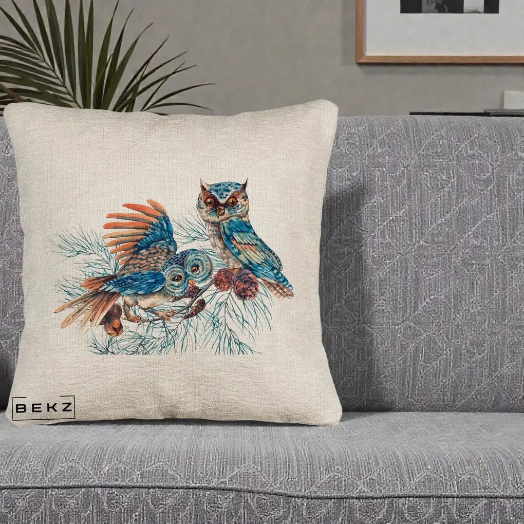 Perna Decorativa Bufnite de Iarna Albastre, 40x40 cm, Bej Canapea, Husa Detasabila, Perna Inclusa, BEKZ®