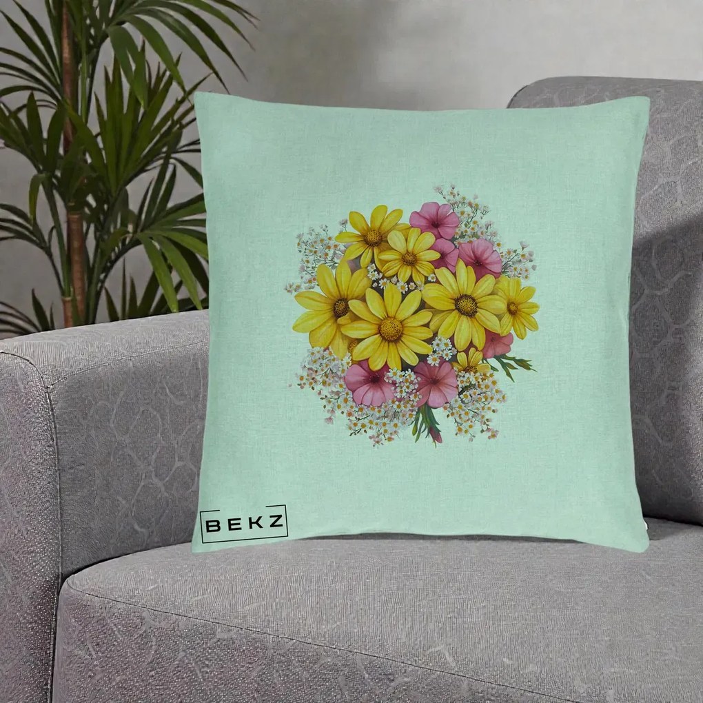Perna Decorativa Floarea-Soarelui cu Cosmos Roz si Gypsophila, 40x40 cm, Verde Menta, Husa Detasabila, Perna Inclusa, BEKZ®