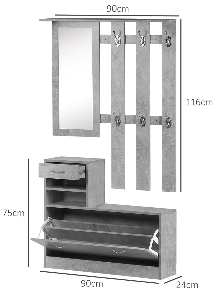 Mobile Garderoba pentru Intrare si Dormitor, cu Cuier cu 6 Carlige, Pantofar Reglabil si Oglinda, Gri ciment, 90x22x116 cm Gri ciment | Aosom Romania