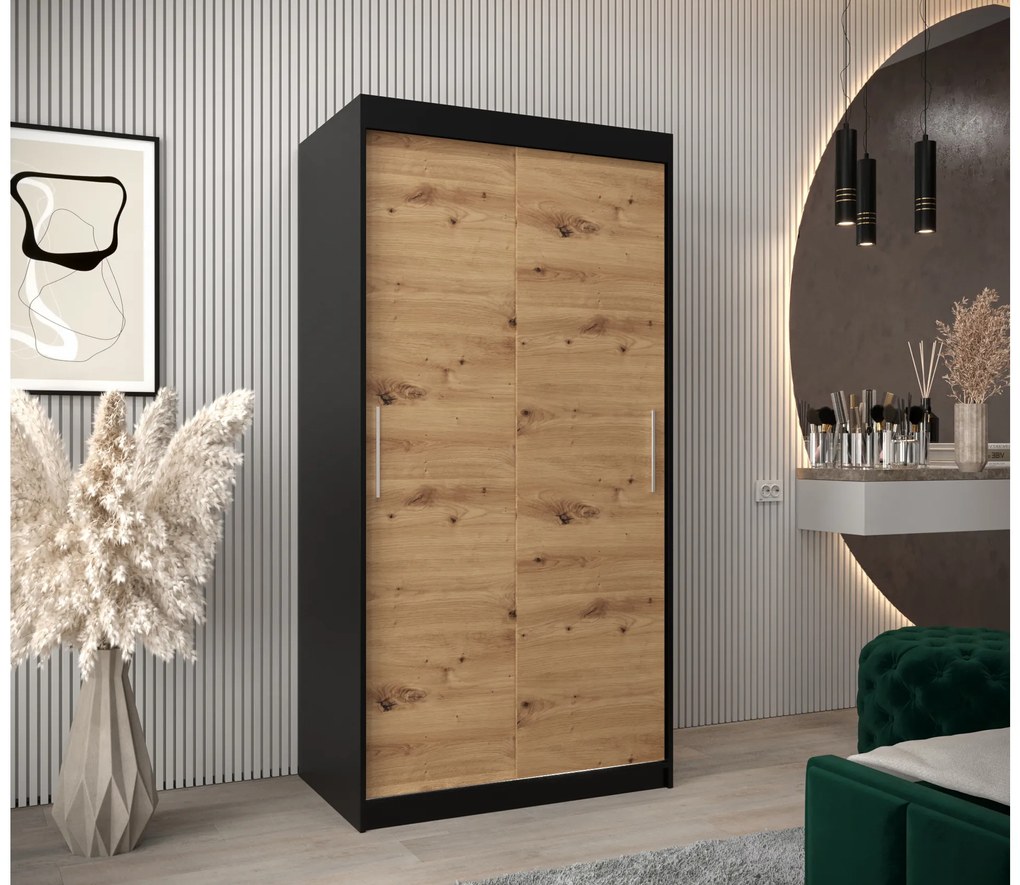 Dulap de haine 100 cm Toki (negru mat + stejar artisan). 1064795