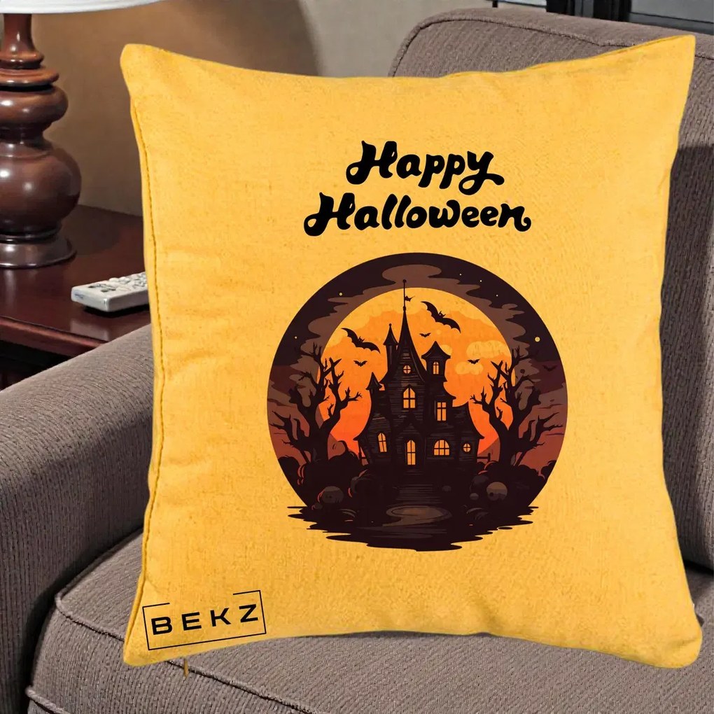 Perna Decorativa Happy Halloween Casa Bantuita Violet, 40x40 cm, Galben, Husa Detasabila, Perna Inclusa, BEKZ®
