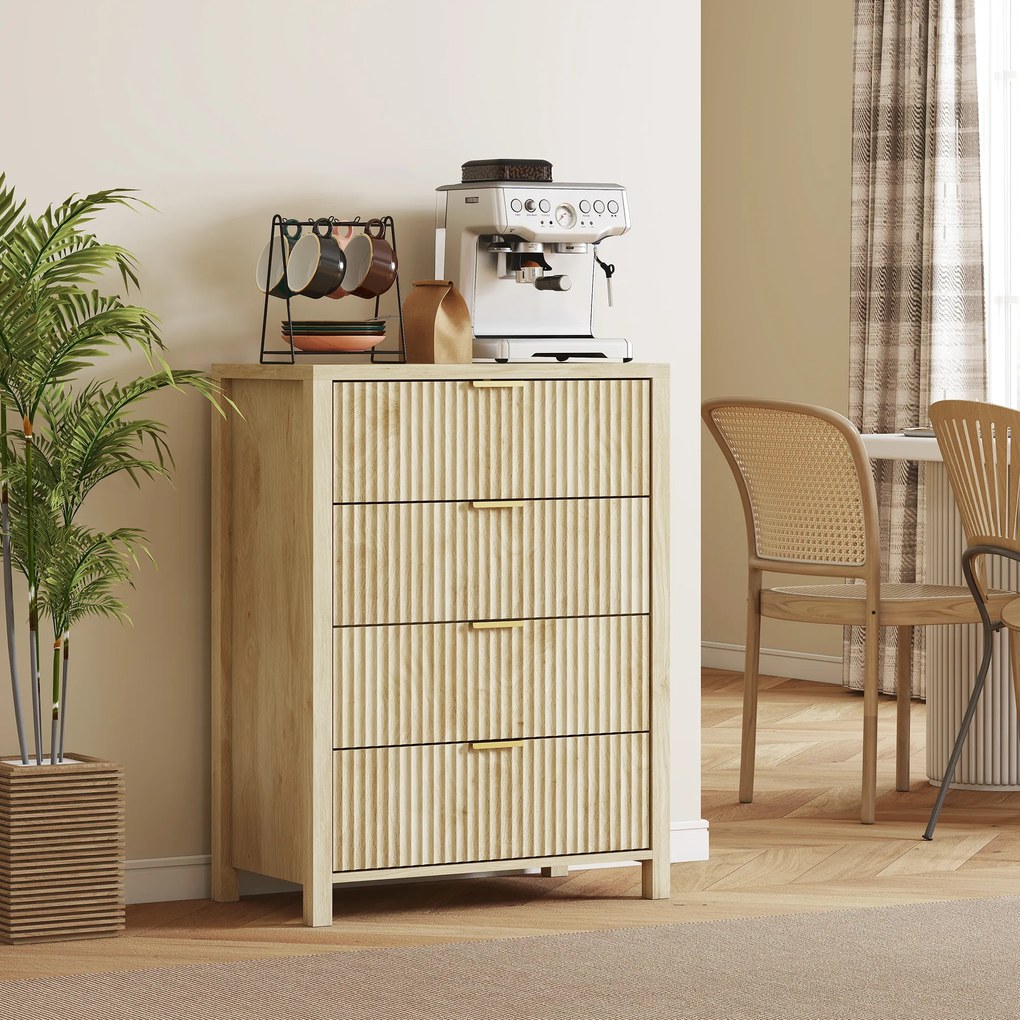 HOMCOM Comodă pentru Dormitor cu 4 Sertare Canelate, Comodă din Lemn cu Mânere Aurii, pentru Sufragerie, Sala de Mese și Hol, 70x38x93 cm, Lemn Natural | Aosom Romania