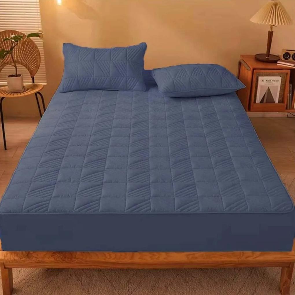 Husa de pat cu elastic si 2 fete de perna, policoton, pat 2 persoane, albastru, HPEC-03