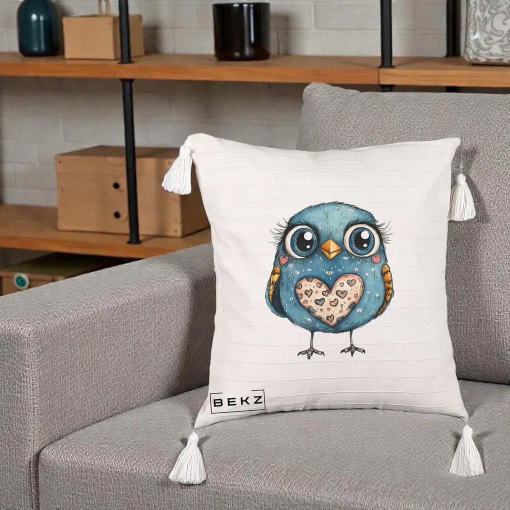 Perna Decorativa Bufnita Albastra cu Inimioare, 40x40 cm, Bej cu Franjuri, Husa Detasabila, Perna Inclusa, BEKZ®