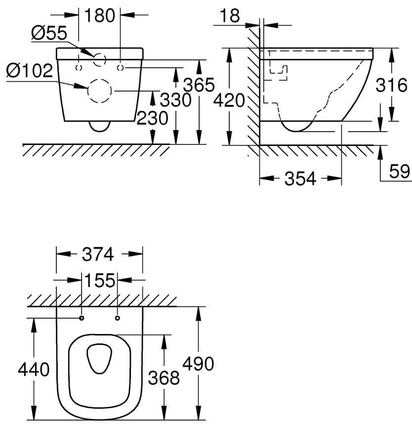 Vas WC Grohe Euro Ceramic , suspendat, evacuare orizontala, rimless, alb -39206000