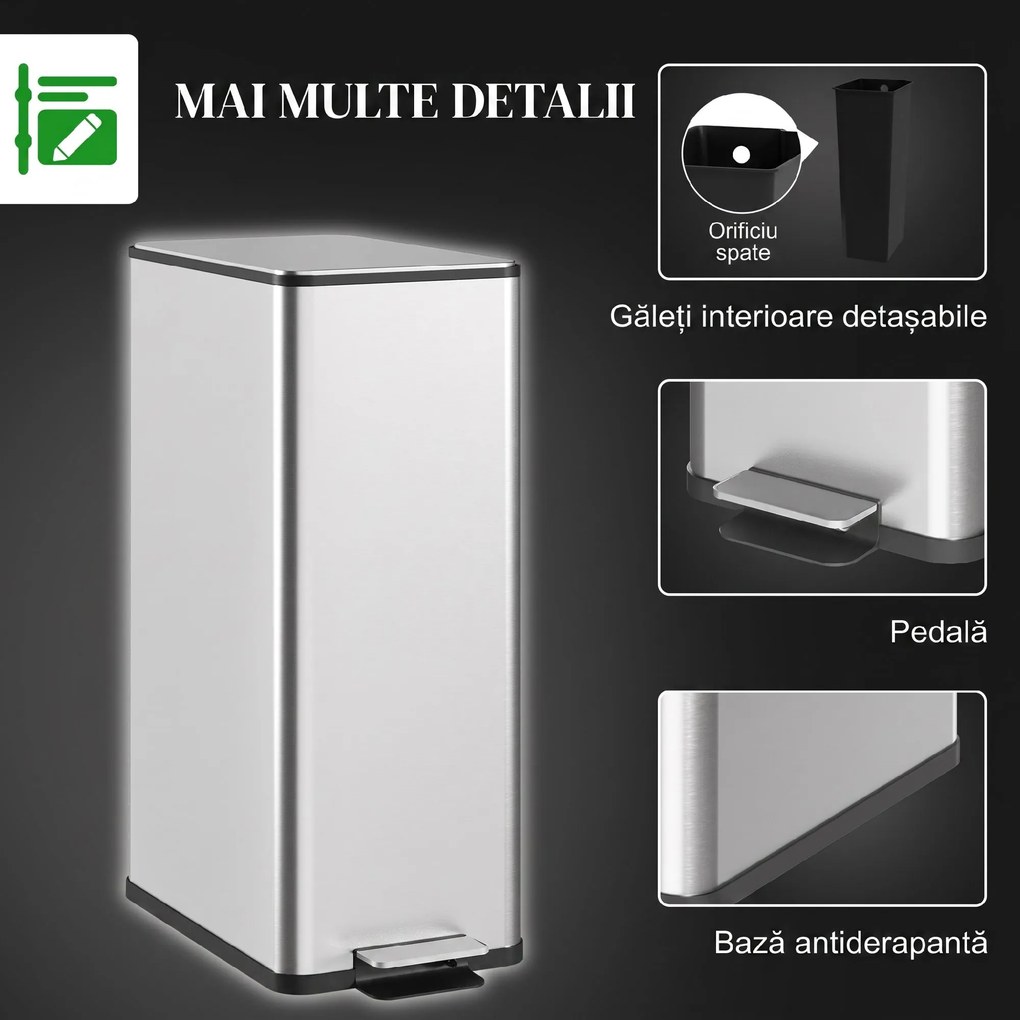 HOMCOM Coș de Gunoi de 20L Antiamprentă cu Închidere Lentă și Găleată Detașabilă, Coș cu Pedală, pentru Bucătărie, Living, Birou și Studiu, 21.5x37.2x57 cm, Argintiu | Aosom Romania