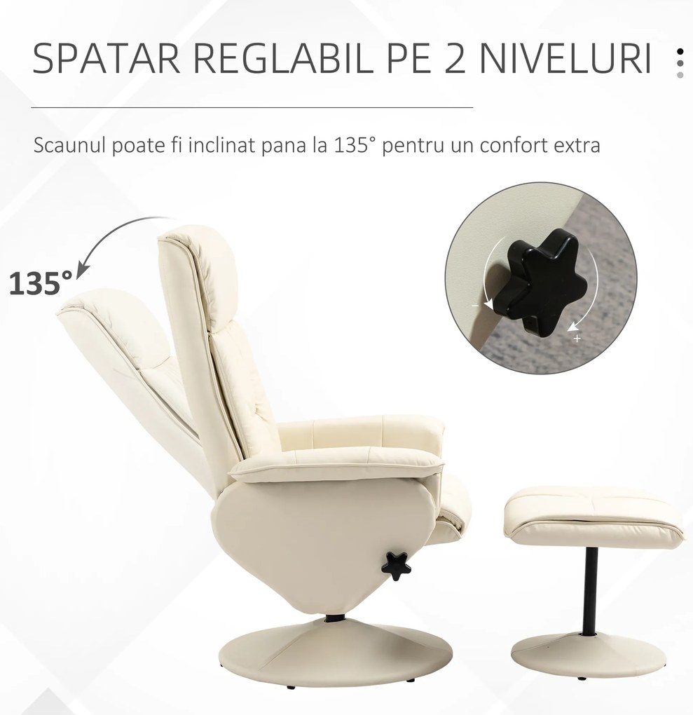 Fotoliu Living si taburet otoman cu baza infasurata, Scaun rabatabil rotitor din piele PU cu suport de picioare, Crem Alb | Aosom Romania