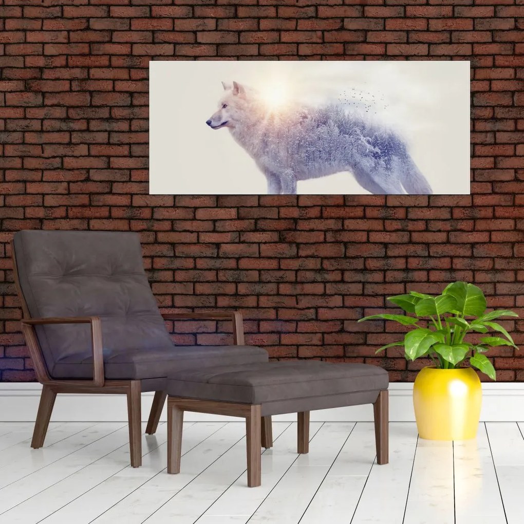 Tablou - Lupul arctic oglindit în peisaj sălbatic (120x50 cm)