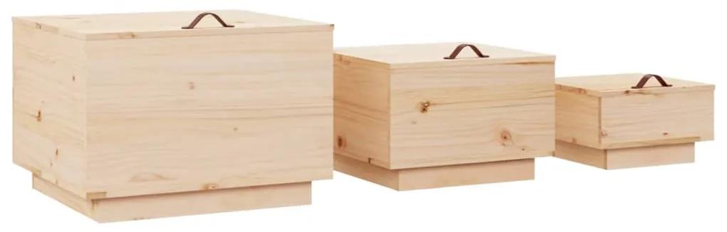 Cutii de depozitare cu capace, 3 buc., lemn masiv de pin Maro
