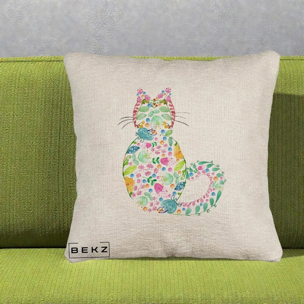 Perna Decorativa Pisica Florala Acuarela, 40x40 cm, Bej Canapea, Husa Detasabila, Perna Inclusa, BEKZ®