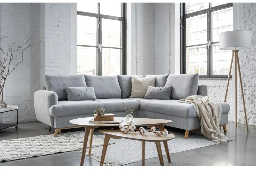 Colțar gri deschis extensibil/cu spațiu de depozitare (cu colț pe partea dreaptă/în formă de ”L”) Scandic Lagom – Miuform