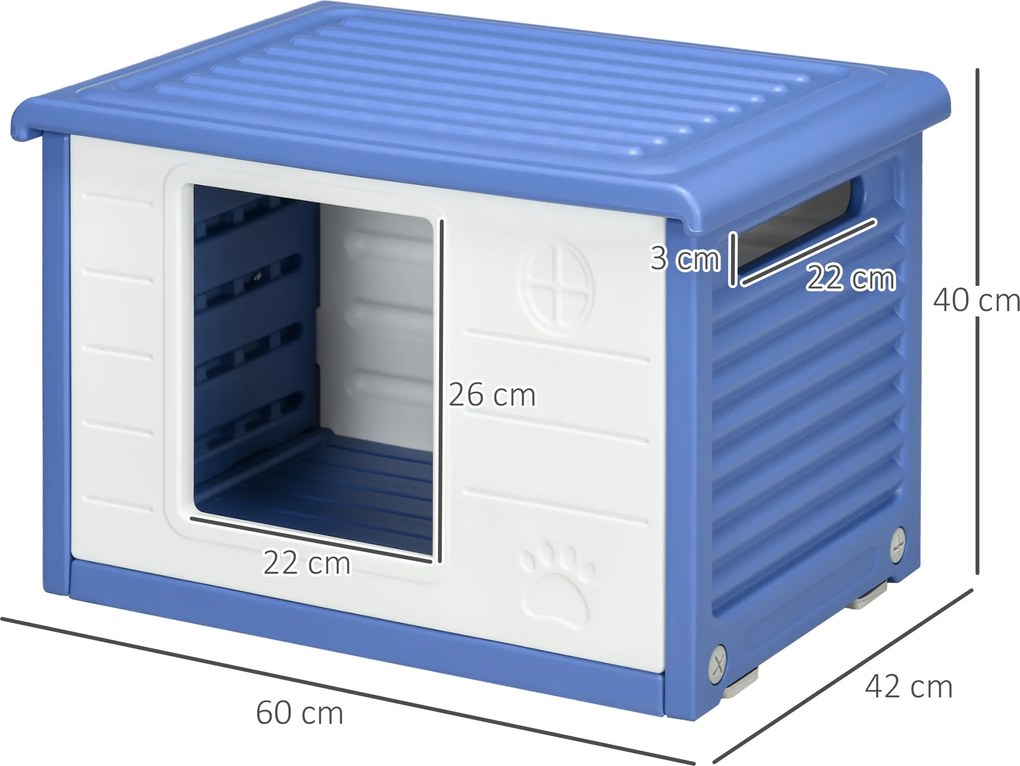 PawHut Cușcă Ridicată pentru Câini de Talie Mică cu Intrare și 2 Deschideri Laterale, Cușcă de Exterior Antiderapantă din Polietilenă, Ușor de Curățat, 60x42x40 cm, Albastru și Alb | Aosom Romania