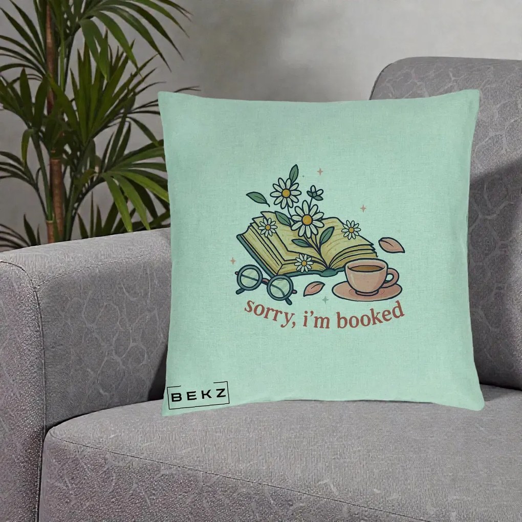 Perna Personalizata Sorry I'm Booked Carti Flori, 40x40 cm, Verde Menta, Husa Detasabila, Perna Inclusa, BEKZ®