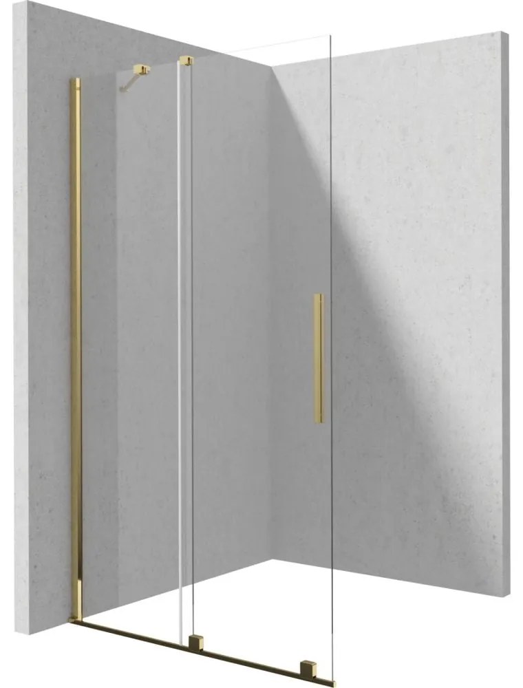 Set paravan dus walk-in cu usa glisanta, 100x195 cm, auriu lucios, Deante Prizma, rigola cu capac faiantabil reversibil plus coloana de dus neagra