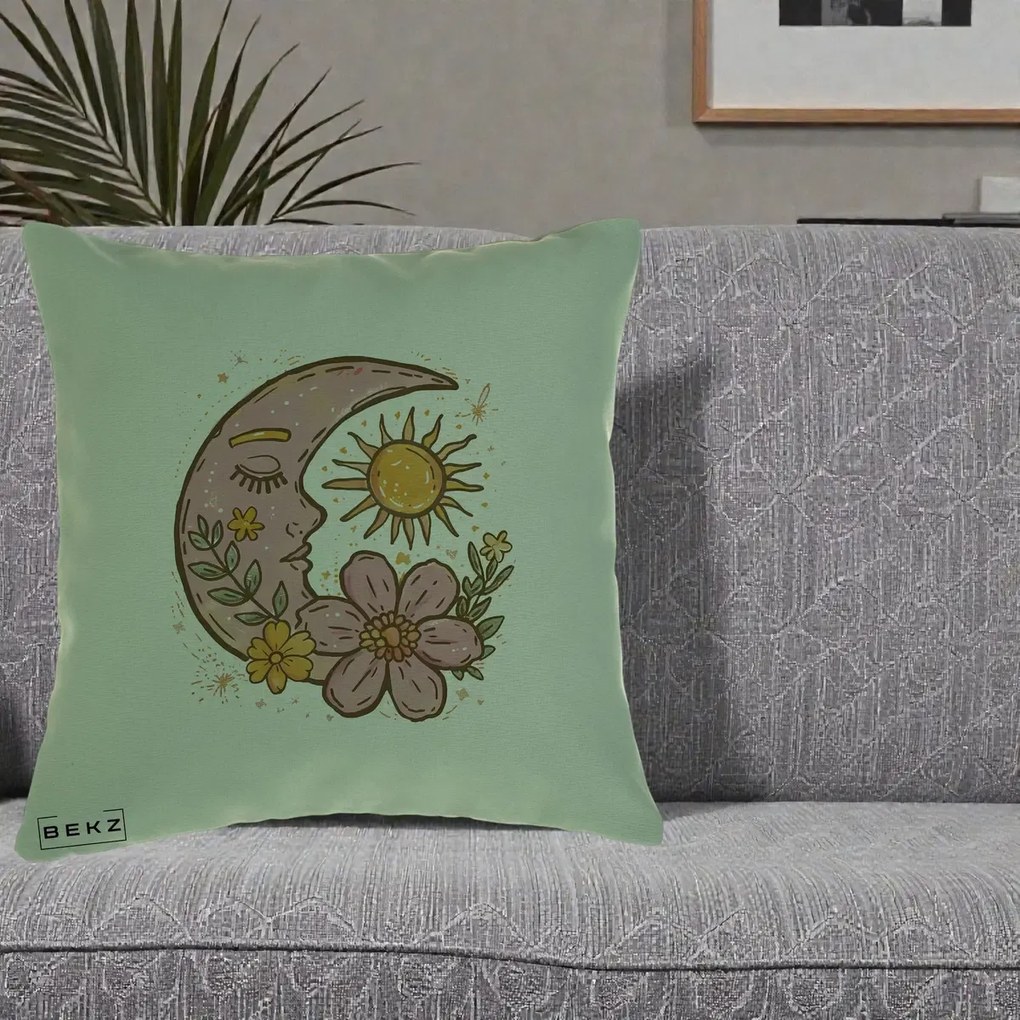 Perna Personalizata Luna si Soare Floral Boho, 40x40 cm, Verde, Husa Detasabila, Perna Inclusa, BEKZ®