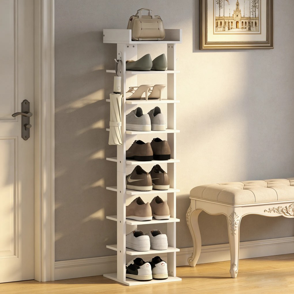 HOMCOM Pantofar 9 niveluri organizator din lemn pentru pantofi cu raft superior și 2 cârlige, pentru hol, Alb | Aosom Romania