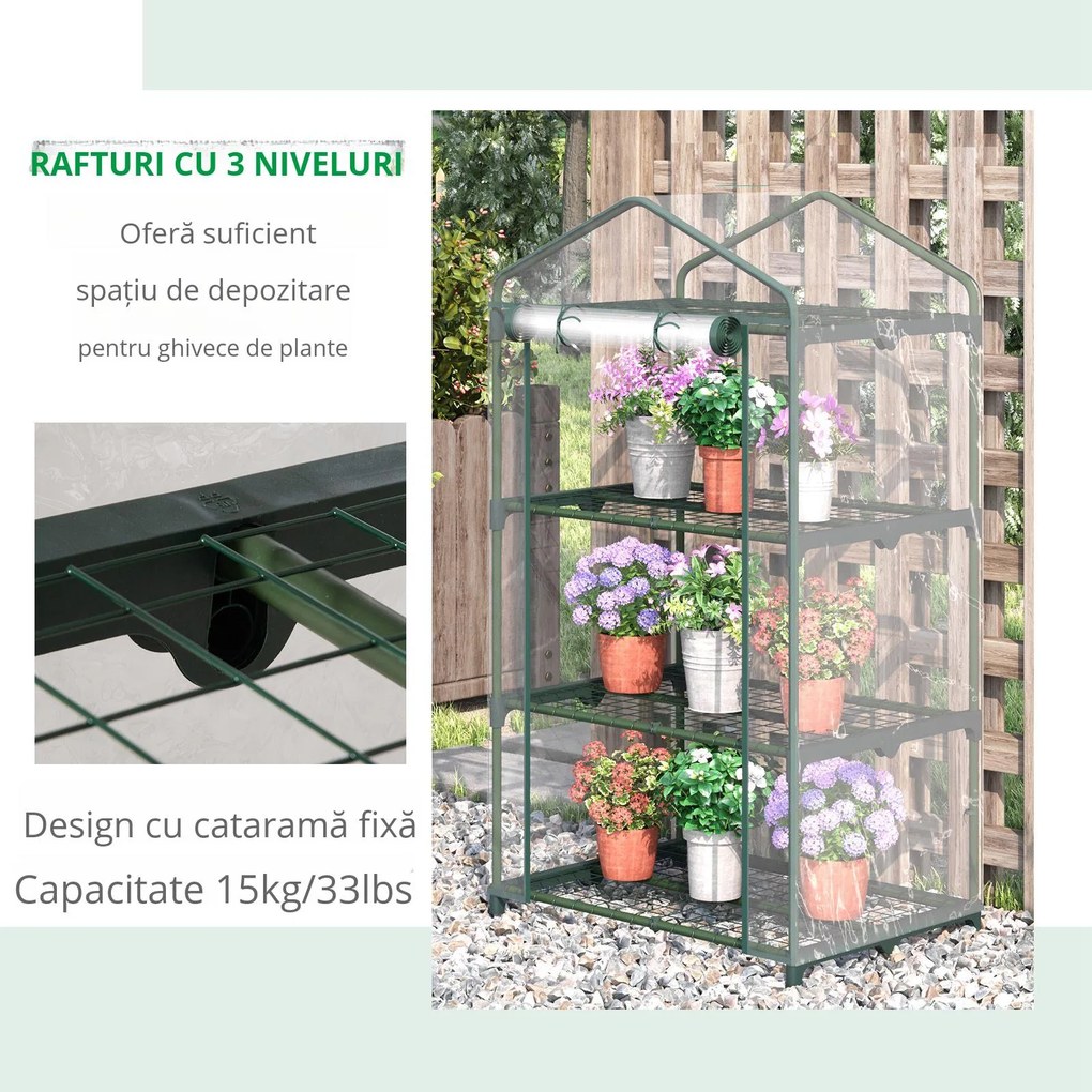 Outsunny Mini-Seră Portabilă cu Înveliș Plastic și Cadru Metalic, 3 Rafturi, Ușă cu Fermoar, 69x49x125 cm, Transparent | Aosom Romania