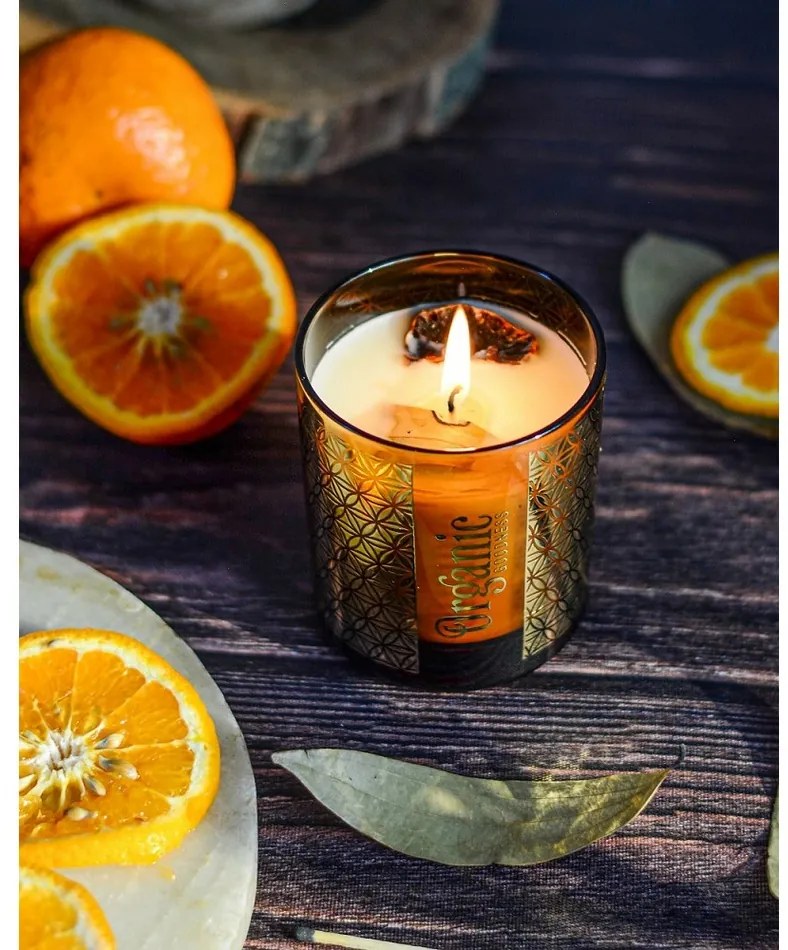 Lumânare aromată organică Mandarin &amp; Bay Leaf200 g în sticlă cu folie aurie