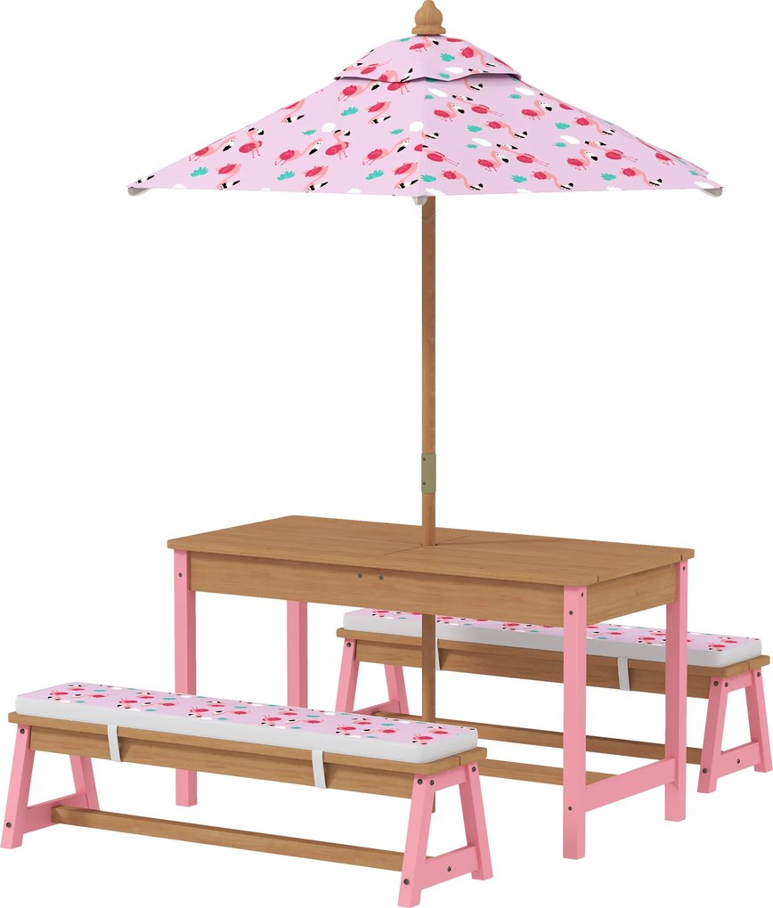 AIYAPLAY Masă de picnic pentru copii cu bănci, perne, umbrelă pliabilă, cutii de depozitare detașabile, model flamingo, roz | Aosom Romania