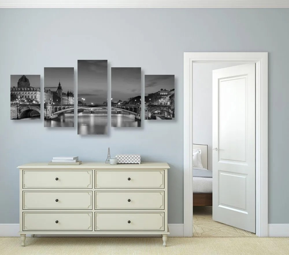 Tablou 5-piese panorama orbitoare ale Parisului în design alb-negru