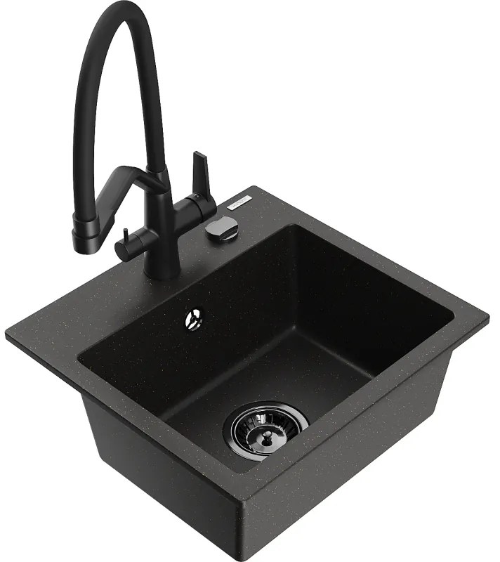 Mexen Milo chiuveta de granit cu 1 compartiment cu baterie de bucătărie Duo, negru/auriu metalizat - 6505-75-671701-70-B