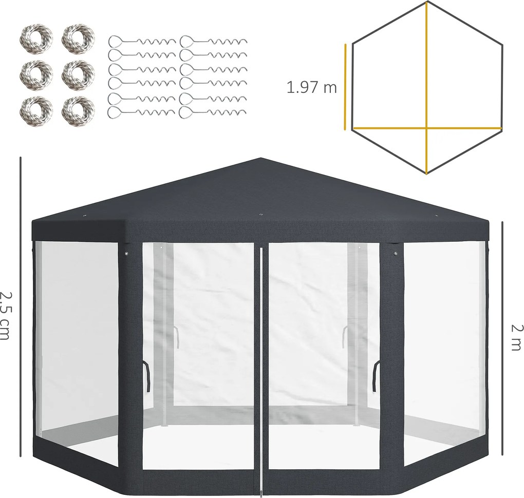 Outsunny Pavilion 4x4 m de Gradina Hexagonal cu Pereti din Plasa, 2 Usi si Picioare Reglabile, Pavilion din Metal si Poliester | Aosom Romania