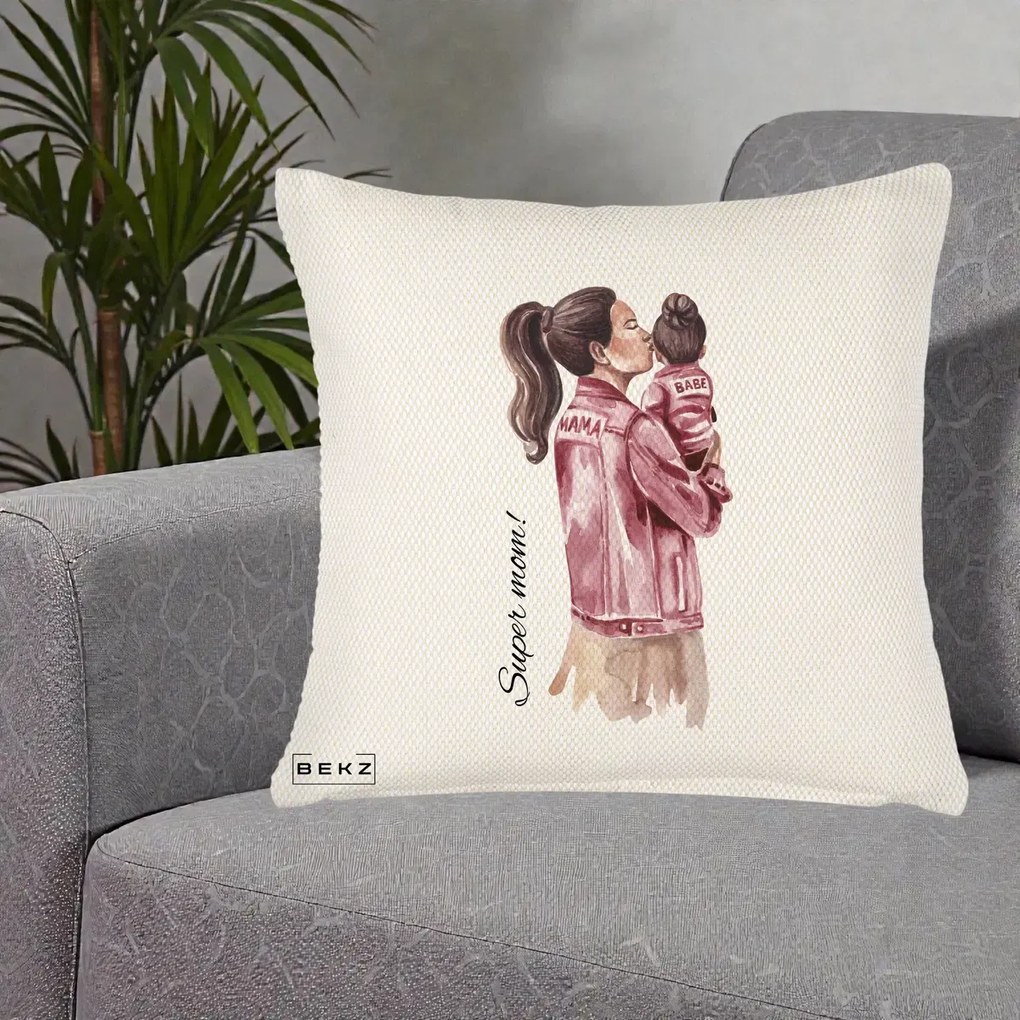 Cadou pentru Mama - Perna Personalizata Super Mom Jachete Roz, 40x40 cm, Crem Reliefat, Husa Detasabila, Perna Inclusa, BEKZ®