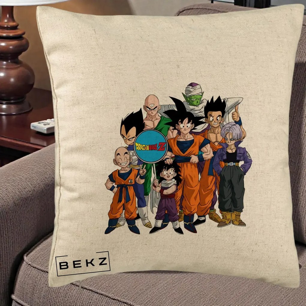 Perna Personalizata Dragon Ball Z Grup Complet, 40x40 cm, Bej, Husa Detasabila, Perna Inclusa, BEKZ®