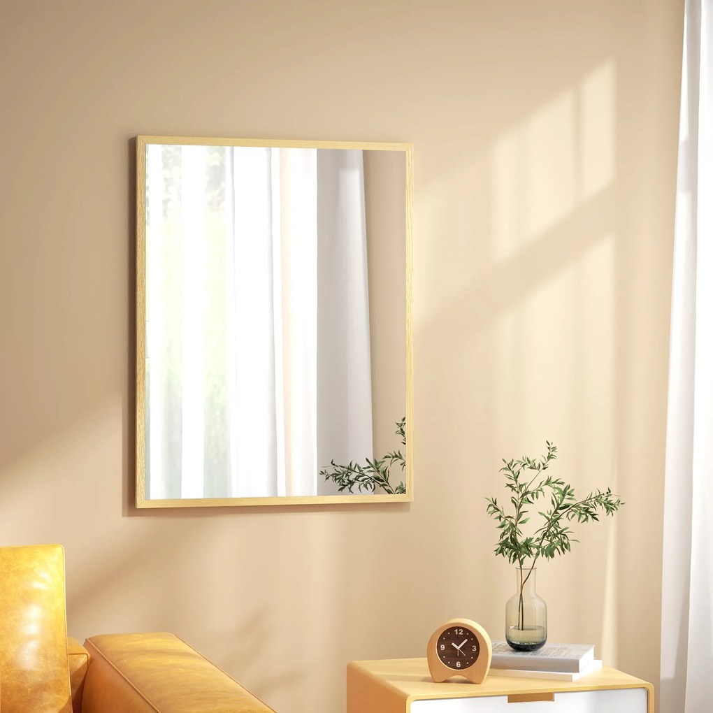 HOMCOM Oglindă de perete rectangulară 90 x 70 cm, cadru din lemn, ideală pentru baie, sufragerie sau dormitor, naturală | Aosom Romania