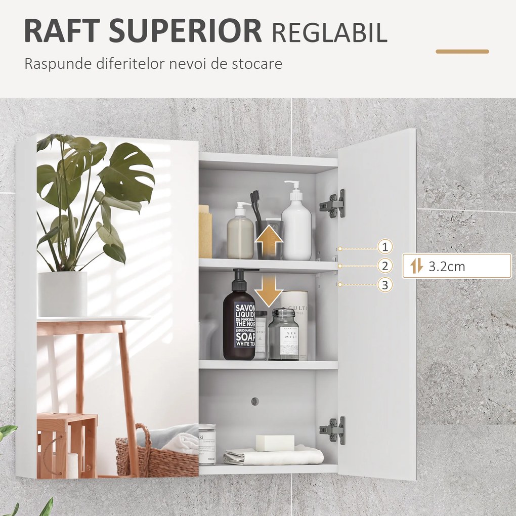 kleankin Dulap de Baie cu Oglindă, 2 Uși Soft Close, 60x15x60 cm, Rafturi Ajustabile, Dulap Suspendat cu Economisire de Spațiu, Alb Lucios | Aosom Romania