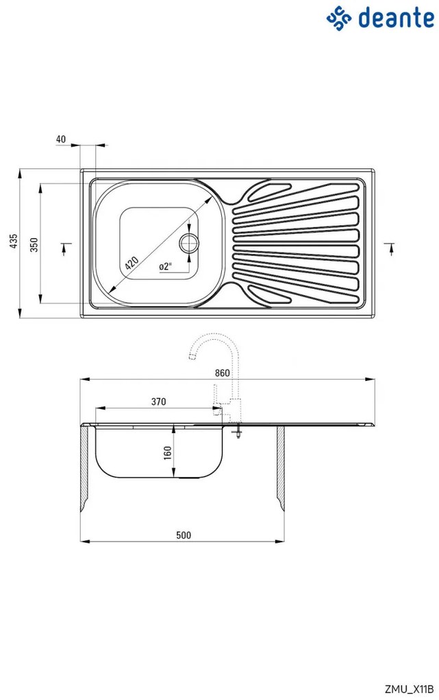 Chiuvetă din inox, 1-cuvă cu picurător, Techno, ZMU_011B