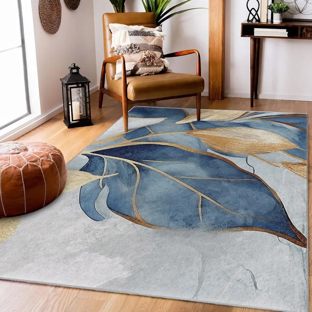 Covor albastru/auriu lavabil 120x180 cm Golden Leaves – Mila Home